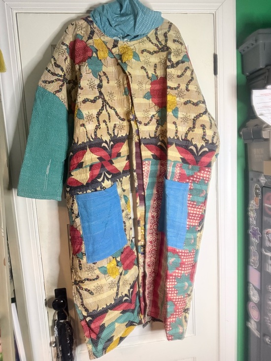 Kantha Bae Jackets & Blazers - Kantha Bae Patchwork Split Cowl Long Coat - Multicolor